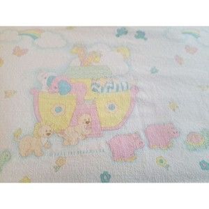Vintage 80's Baby Receiving Blanket Noah's Ark Pastel Colors - Kendall Co.